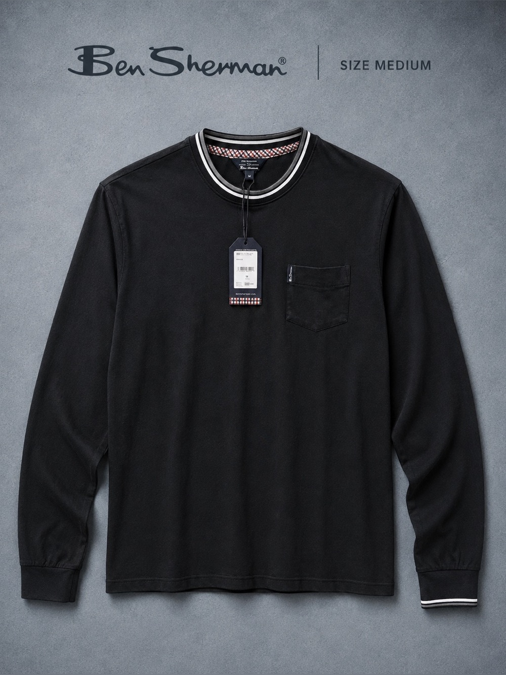 Ben Sherman NWT Black Crew Neck Sweater Medium Pocket Long Sleeve